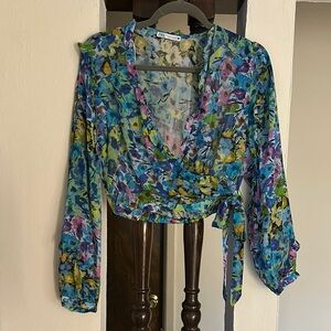 Zara Floral Wrap Top by Enfocus Studio - Blue and Green